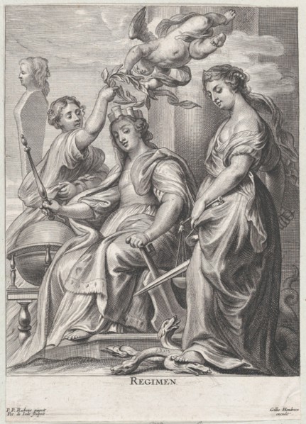 Allegory of Good Government, seated at center and being crowned by a putto and a woman at left, Justice standing atop a hydra at right, ca. 1640-74.
