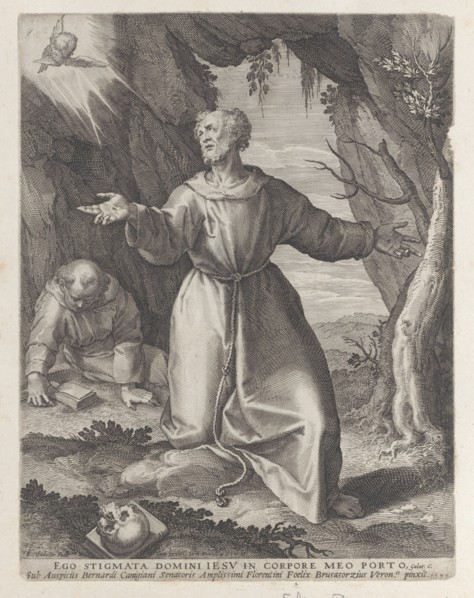 Saint Francis kneeling with his arms outstretched, looking towards a cherub at upper left, 1599.