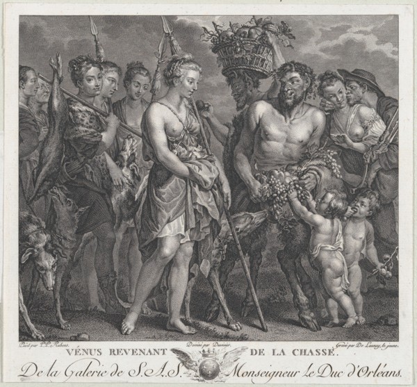 Diana returning from the chase, accompanied by dogs and her nymphs at left, two satyrs at right, ca. 1808.