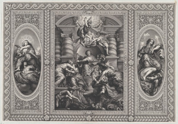 James I appointing Charles as King of Scotland at center, Minerva spearing Ignorance at right, and Hercules beating Envy at left, 1720.
