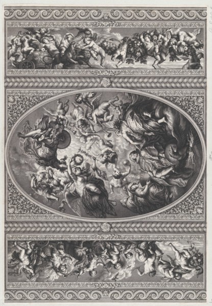 The apotheosis of James I in an oval at center, friezes with putti and garlands on either side, 1720.