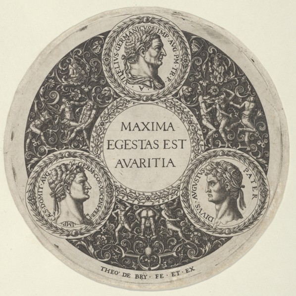 Design for a Dish with Portraits of the Roman Emperors Vitellius, Domitian, and August..., ca. 1588. Creator: Theodor de Bry.