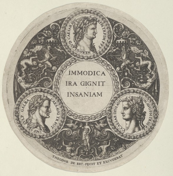 Design for a Dish with Portraits of the Roman Emperors Nero, Galba, and Caligula, ca. ..., ca. 1588. Creator: Theodor de Bry.