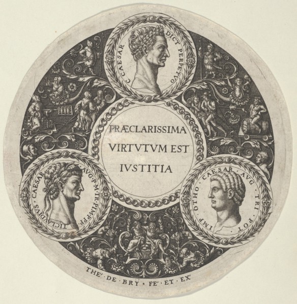 Design for a Dish with Portraits of the Roman Emperors Caesar, Claudius, and Otho, ca...., ca. 1588. Creator: Theodor de Bry.