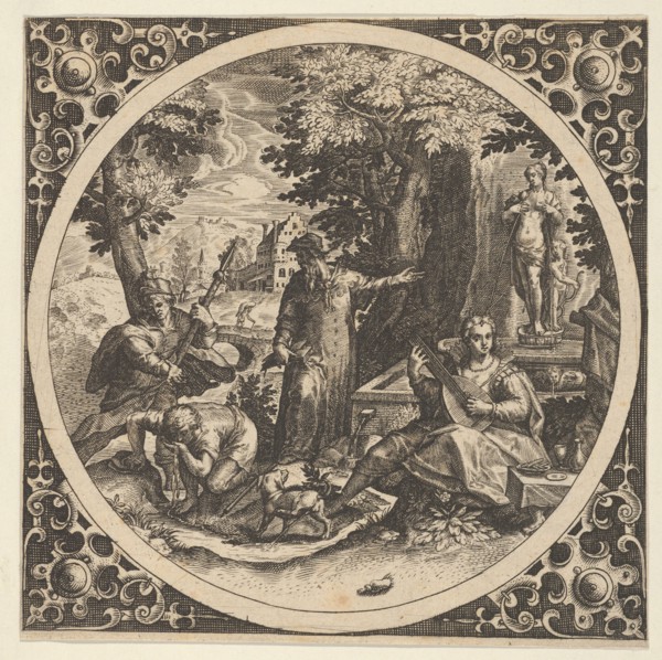 Scene with a Warning Against Venereal Disease in a Circle at Center, 1580-1600. Creator: Theodor de Bry.