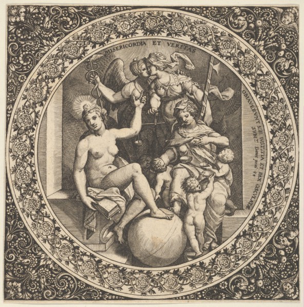 Scene with Misericordia and Veritas in a Circle at Center, 1580-1600. Creator: Theodor de Bry.