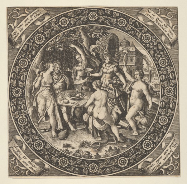 Scene with a Feast of Love in a Circle at Center, 1580-1600. Creator: Theodor de Bry.
