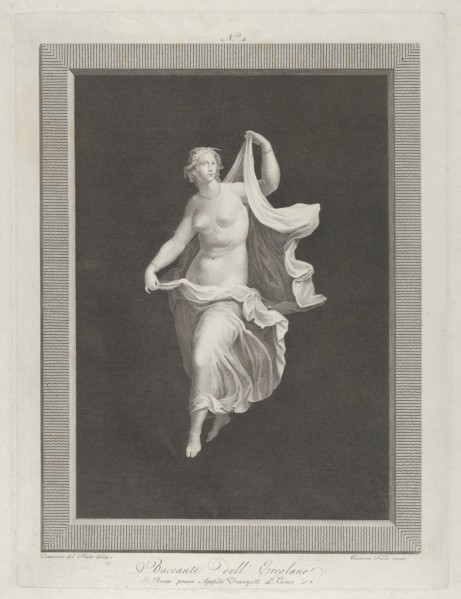 A partly nude bacchante stepping forward and holding ends of her drapery in each hand, ca. 1795-1820.