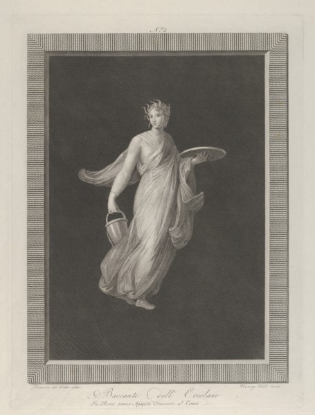 A partly naked bacchante holding a disk in her raised left hand and a bucket in her right, ca. 1795-1820.