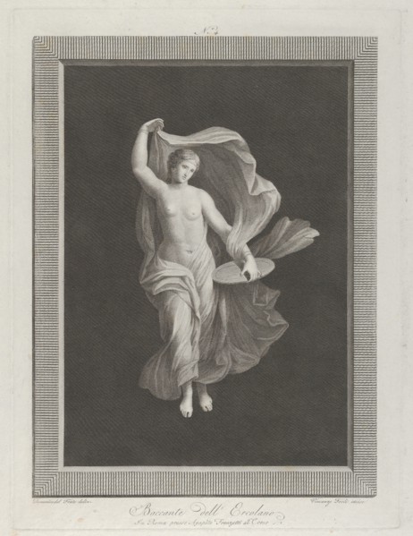 A partly nude bacchante holding a disk in her left hand and raising her garments with right, ca. 1795-1820.