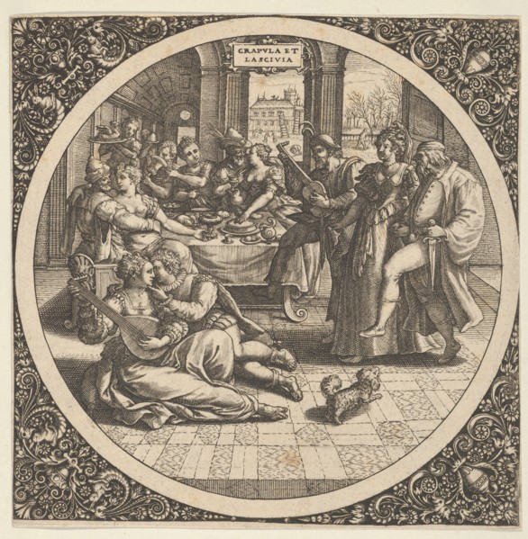 Scene with Galants at a Banquet in a Circle at Center, 1580-1600. Creator: Theodor de Bry.