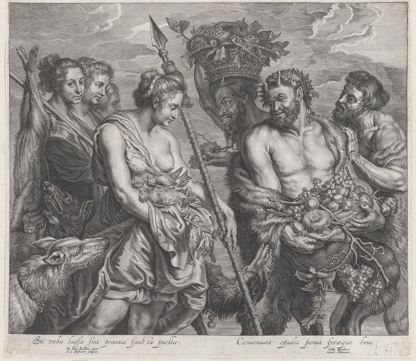 Diana returning from the chase, accompanied by dogs and her nymphs at left, two satyrs at right, ca. 1640-59.