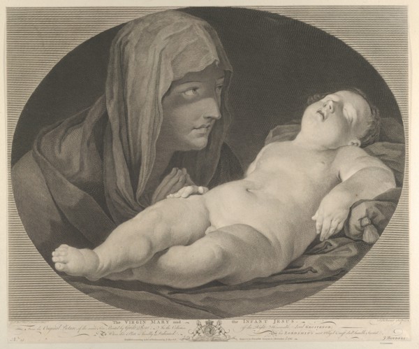 The Virgin in prayer, looking at the sleeping infant Christ, in an oval frame, after Reni, 1765.