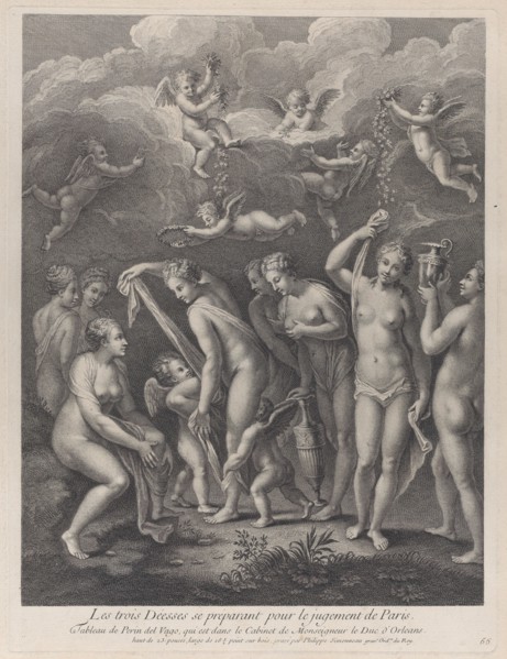 Hera, Aphrodite, and Athena preparing themselves for the contest of beauty before Paris; from 'Recueil d'estampes d'après les plus beaux tableaux et d'après les plus beaux desseins qui sont en France,...
