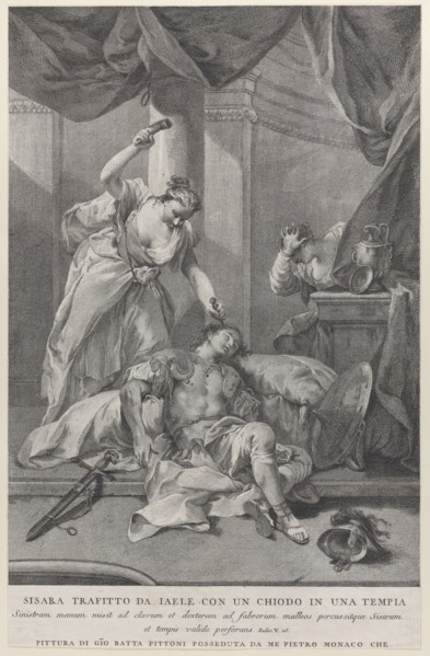 Jael hammering a tent peg into the temple of the sleeping Sisera, to the right a servant hides behind a curtain; from the series of 112 prints of the sacred history, after the painting by Giovanni Bat...
