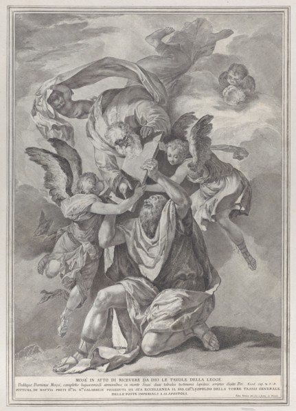Moses receiving the Tablets of the Law from God who descends from the heavens; from the series of 112 prints of the sacred history, after the painting by Mattia Preti, ca. 1730-39.