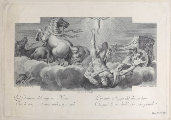 Plate 34: Auriga, the charioteer, falls from the chariot at center, with three horses at left, 1756.