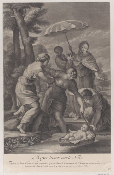 Three women pulling in the basket with the infant Moses from the water, ca. 1729.