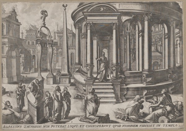 Zacharias Stepping out of the Temple, from the series Events in and around the Temple, ca. 1572.