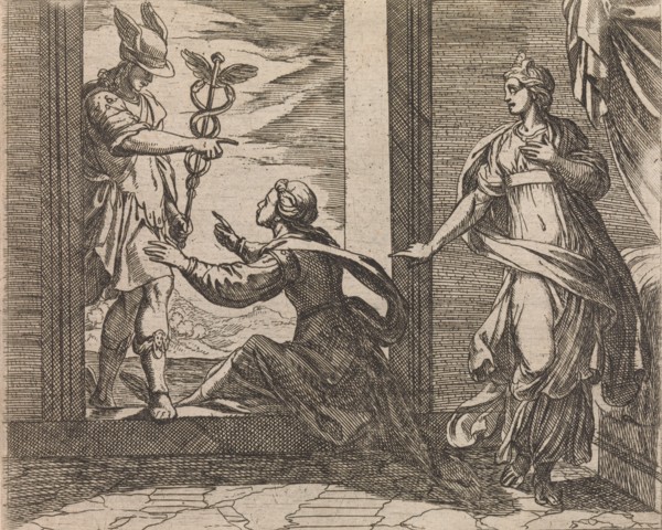 Mercury Turning Aglauros to Stone (Aglauros a Mercurio in lapidem transformatur), from The Metamorphoses of Ovid (Metamorphosean Sive Transformationum), plate 20, Published after 1606.