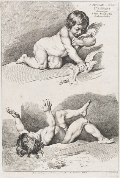 Two nude children playing with a leaf; from New Book of Children, 1720-60.