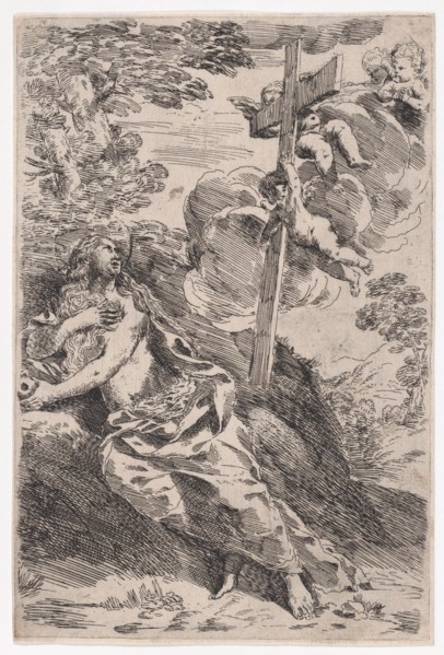 Mary Magdalene in the desert, a cross borne by angels at the right, ca. 1630.