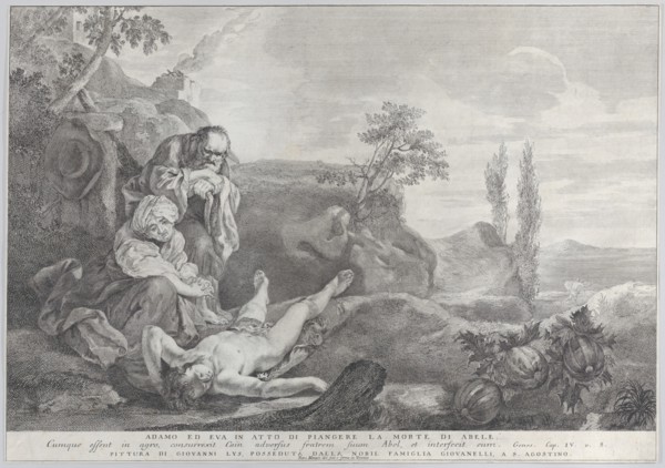 Adam and Eve at left, as an elderly couple, mourning over the corpse of Abel who lies in front of them as Cain disappears in the distance at right, 1743-63.