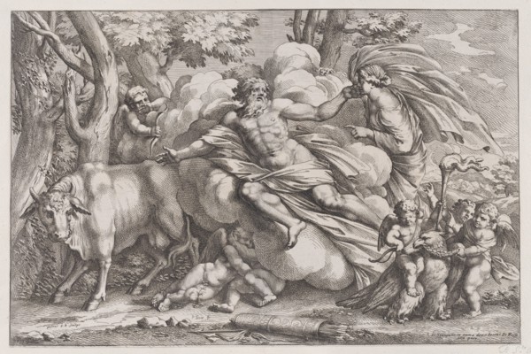Io at the left as a cow, Jupiter on a cloud in the centre and Juno at the right with putti holding an eagle captive in the lower right, 1650-90.