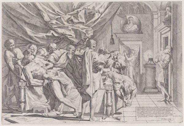 The suicide of the philosopher Cato, who lies on his bed pulling out his innards watched by horrified disciples, 1648.