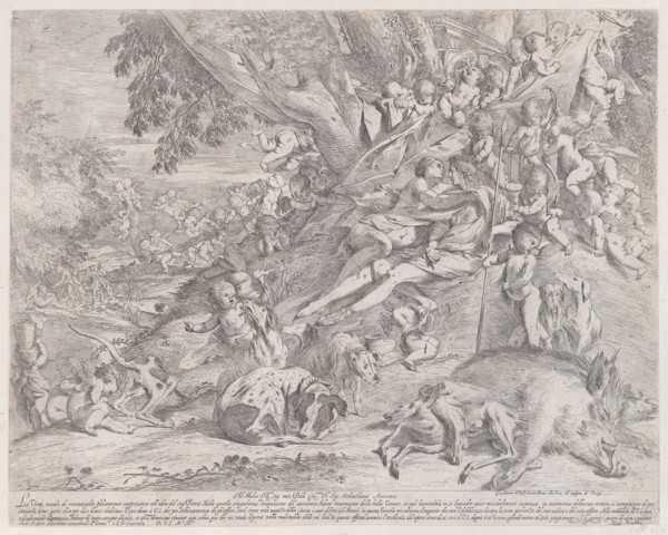 Venus and Adonis, surrounded by many putti, reclining after the hunt, with a dead boar in the lower right, 1631-37.