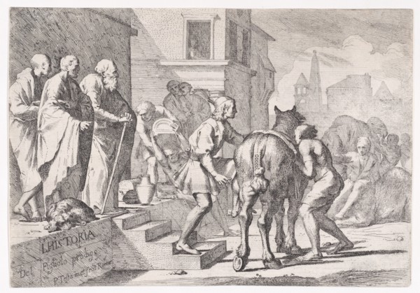 The departure of the prodigal son, shown about to mount a horse, from a series of four prints, ca. 1645.