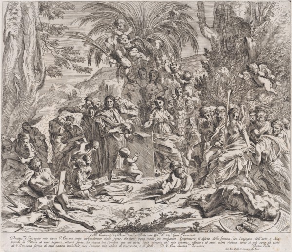 An allegory of painting, who as a child in the centre left draws on a tablet, surrounded by figures, many of whom are drawing, 1637-38.