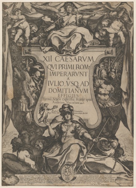 Frontispiece with a trumpeter sounding trumpets seated on top of a cartouche flanked by trophies, from 'The Twelve Caesars', 1606.