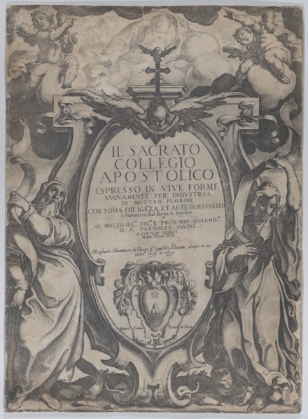 Frontispiece with two figures holding scrolls and cherubs flanking the cartouche at center, from 'The Consecrated Apostolic College' (Il sacrato collegio apostolico), 1606-07.