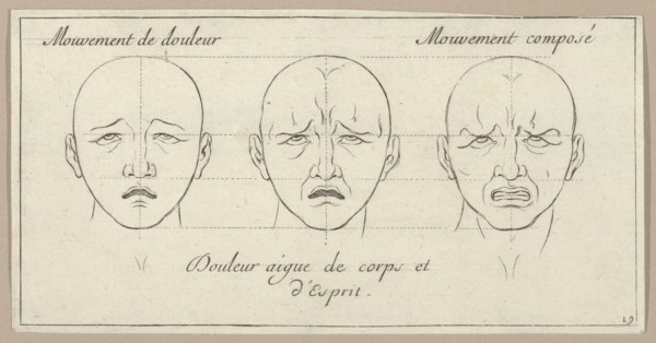 Mouvement de douleur, Douleur aigue de corps et d'Esprit, Mouvement composé (from Caractères des passions, gravés sur les desseins de l'illustre Monsieur le Brun), 1695-1720.