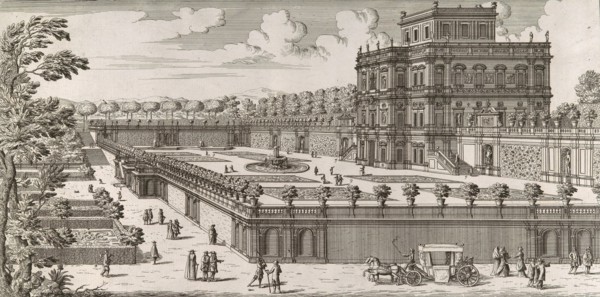 View of the side facade of the Palazzo Pamphili and its garden (Secondo prospetto per fianco del palazzo con diversa veduta del giardino del Bel respiro...Pamphilio), after 1677.