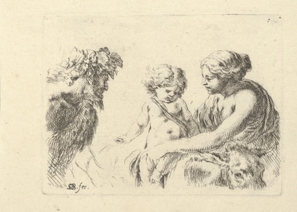 Plate 6: a woman at right holding her child who is sitting atop a donkey, a satyr at left looking towards the right, from 'Various figures and doodles' (Diverses figures et griffonnemens, ca. 1646.