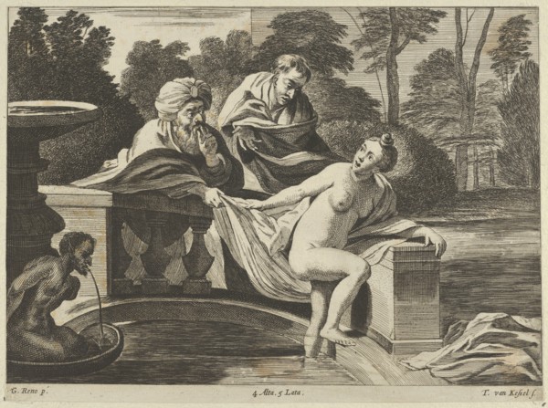 Susanna, partly naked and stepping out of a fountain with two elders at left, one of them pulling at her garment, after Reni, ca. 1656-60.