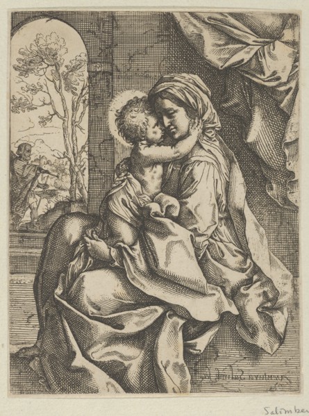 The Virgin seated with the Christ Child on her lap embracing her, Joseph seen through an archway at left, after Reni, ca. 1600-1613.