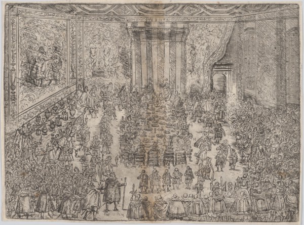 The Princely Meal (Die Fürstliche Mahlzeit), from a series depicting the wedding of Wolfgang Wilhelm, Duke of Pfalz-Neuberg, Pfalzgraf, and Magdalena, Duchess of Bavaria, in Munich, 1613 (Plate 7), 16...