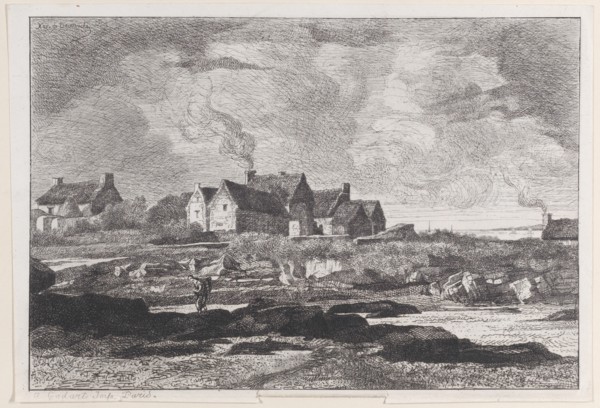 Country landscape with a river running at right and houses in the background, 1845-75.