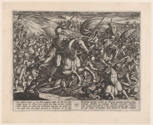 Plate 30: Cerialis Driving the Dutch into the Rhine, from The War of the Romans Against the Batavians, 1611.