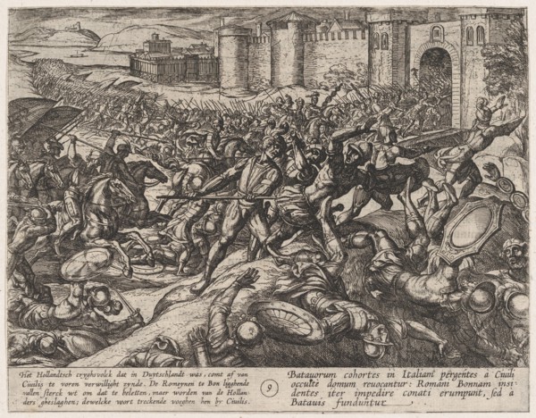 Plate 9: The Romans Defeated by the Dutch Troops at Bonna, from The War of the Romans Against the Batavians (Romanorvm et Batavorvm societas), 1611.