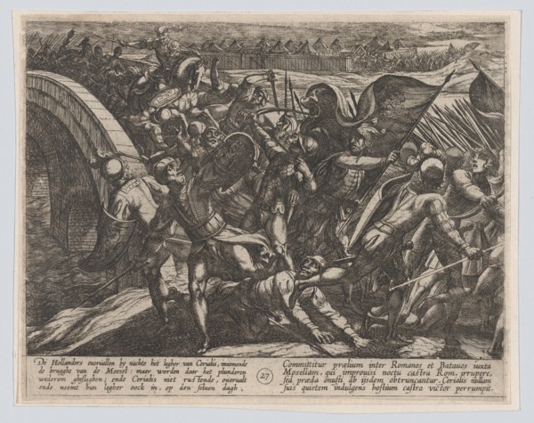 Plate 27: The Dutch During a Surprise Attack of the Roman Camp on the Moselle, from The War of the Romans Against the Batavians (Romanorvm et Batavorvm societas), 1611.
