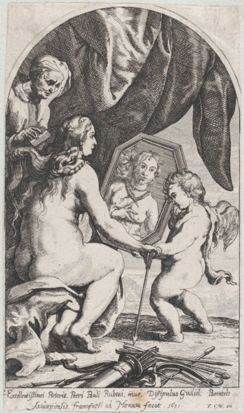 Venus before a mirror held by Cupid while her hair is combed by an old woman, 1631.