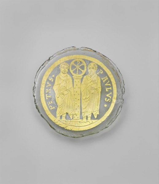 Bowl Base with Saints Peter and Paul Flanking a Column with the Christogram of Christ, Byzantine, late 4th century.