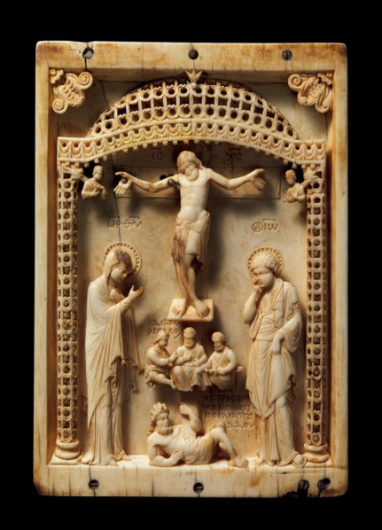 Icon with the Crucifixion, Byzantine, mid-10th century. With the Virgin and Saint John the Baptist and three soldiers.