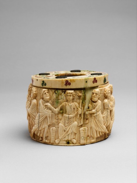 Pyxis with the Miracle of Christ?s Multiplication of the Loaves, Byzantine, 6th century. Christ is flanked by Saints Peter and Paul.