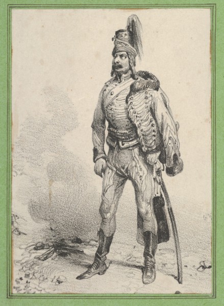 Standing soldier with his jacket on one shoulder, mid-19th century.