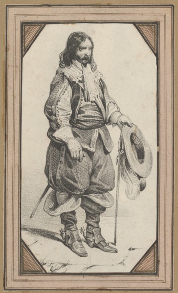 Man holding a cane and a hat, mid-19th century.